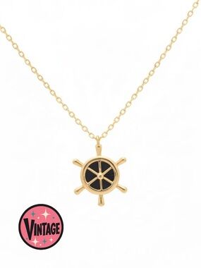 VTG Napier Reversible Ships Wheel Nautical Pendant Goldtone & Black Necklace